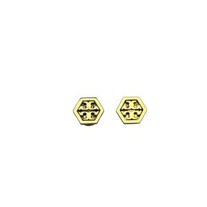 Tory Burch Hexagon Shaped Gold Plated Metal Stud Logo Earrings